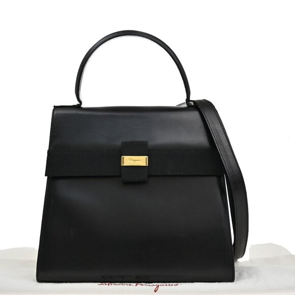 SALVATORE FERRAGAMO Vara 2Way Shoulder Hand Bag Leather Black GHW